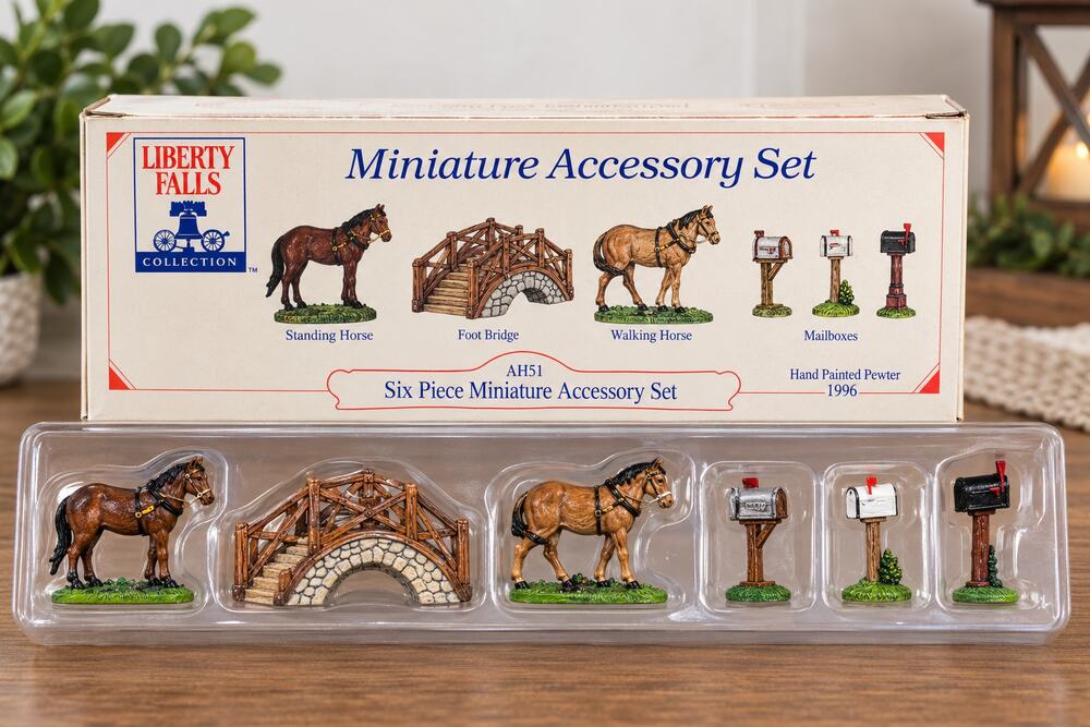 Liberty Falls Six Piece Miniature Accessory Set Horses Bridge Mailboxes 1996